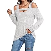 LYANER Women's Casual Cold Shoulder Hollow Out Solid Long Sleeve Blouse Tunic Shirts Top