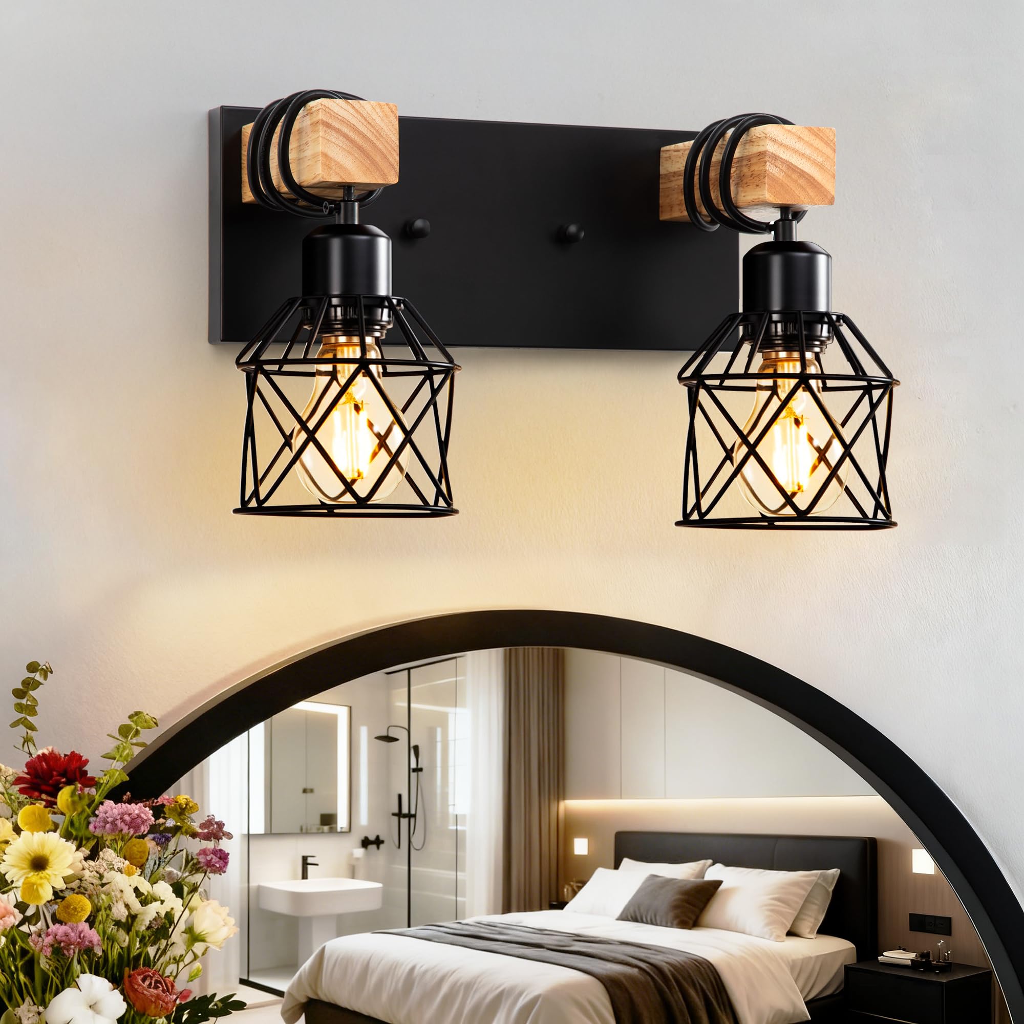 Photo 1 of 2-Light Farmhouse Bathroom Vanity Light Fixtures Over Mirror, Rustic Vanity Light for Bathroom Lighting, Black Wood Sconces Wall with Elegant Cage Metal Lampshade for Living Room, Bedroom, Hallway