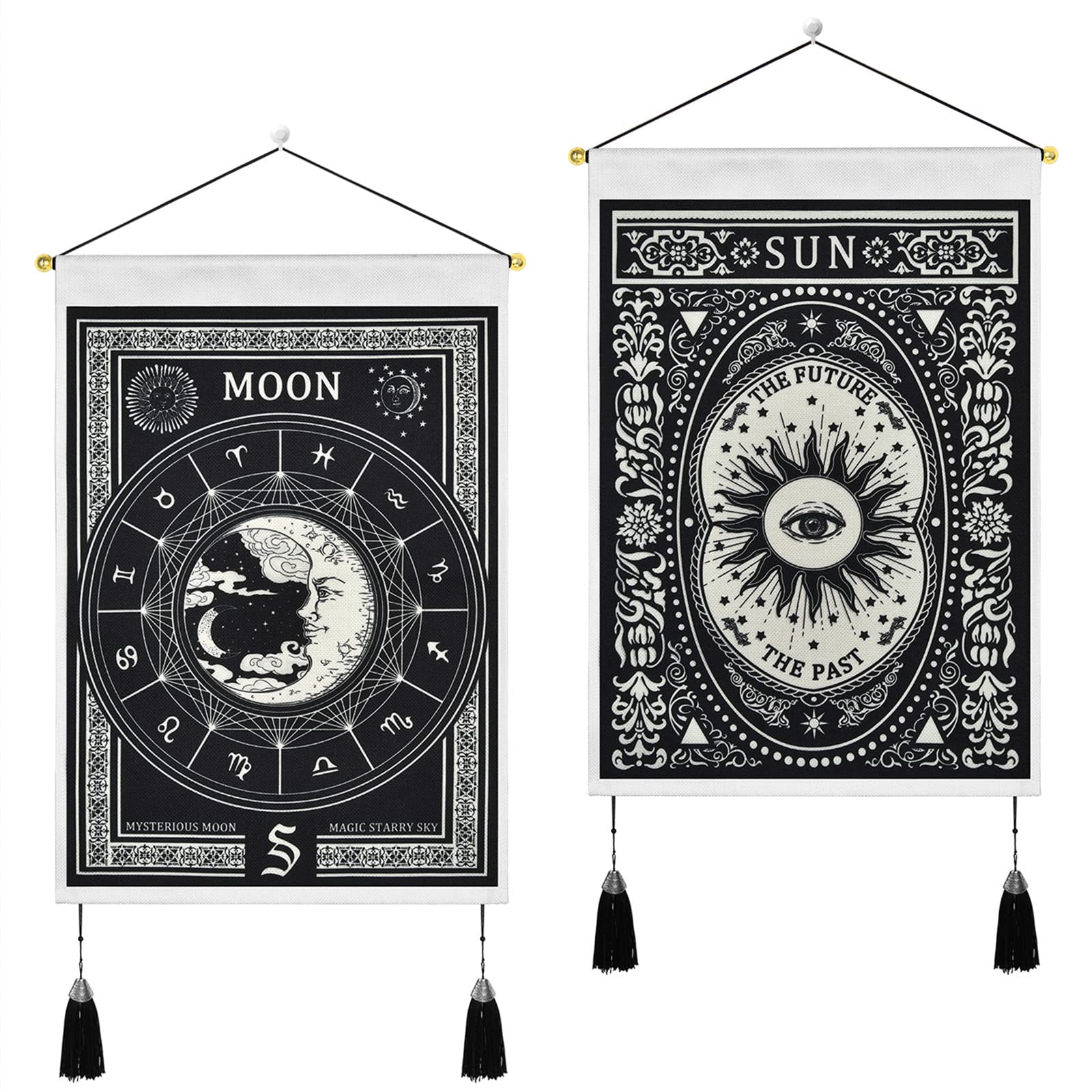 Yugarlibi 2 Set of Tarot Card Tapestry with Tassels, Medieval Devination Psychedelic Small Wall Hanging, Moon and Sun Abstract Mysterious Wall Art Tapestry for Bedroom, 35x50 cm