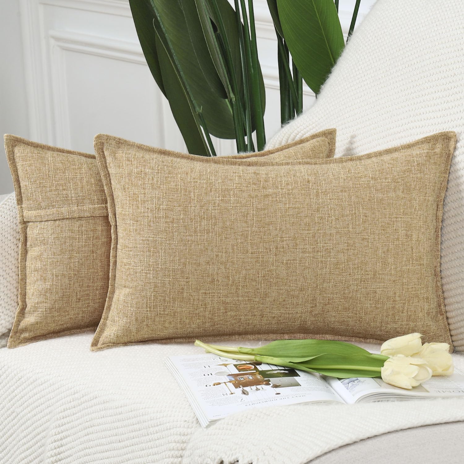 Madizz Set of 2 Faux Linen Cushion Covers 12x20 inch, 30x50 cm, Beige Soft Decorative Couch Pillows for Bed Pillowcases for Sofa Livingroom Home Decor