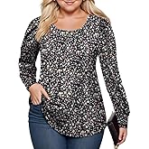 ROSRISS Womens Plus-Size Tops Puff Long Sleeve T Shirts Dressy Flowy Pleated Tunics Cute Casual Crew Neck Blouses XL-5XL