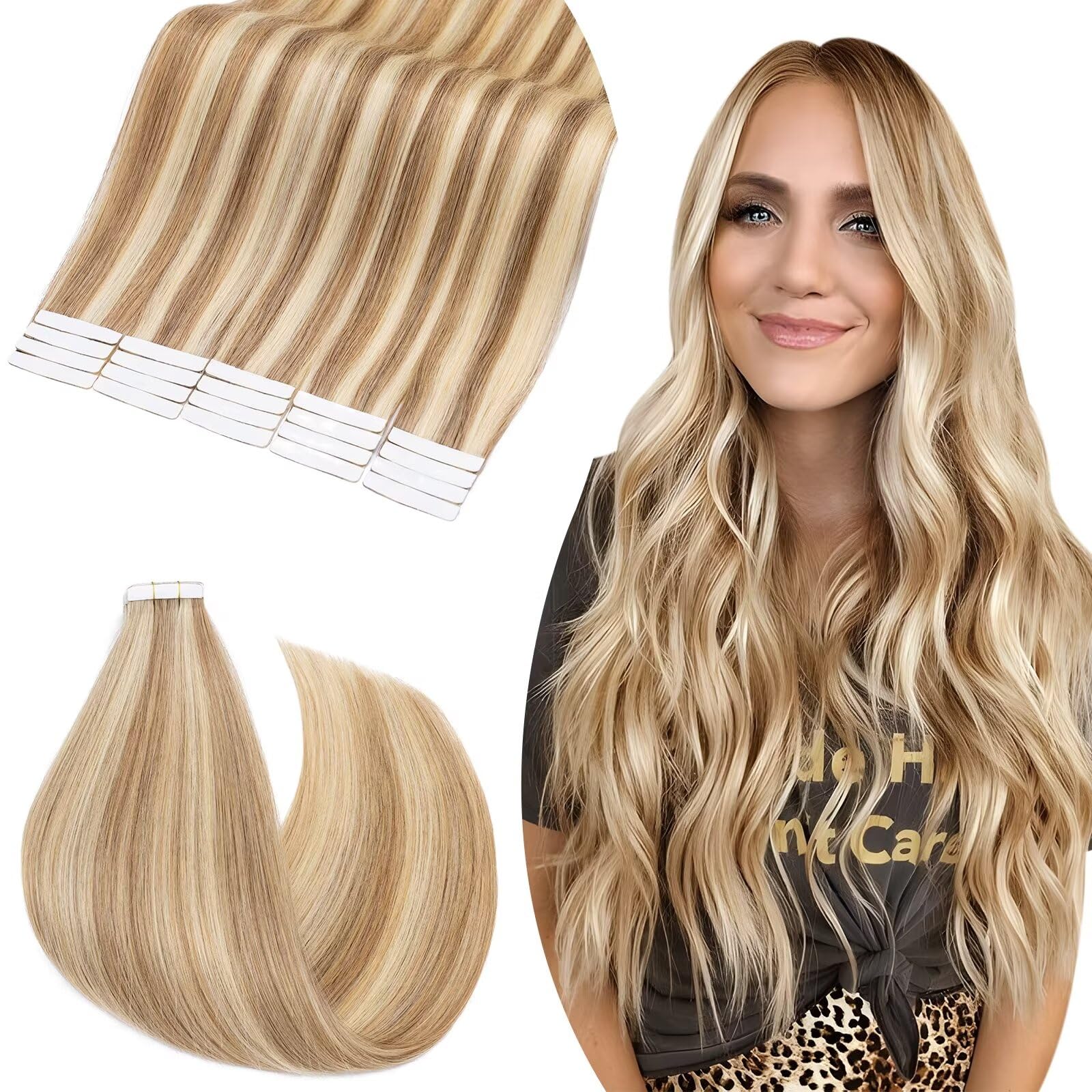 UK-Fashion-Shop 20pcs Tape Hair Extension Real Human Hair Natural Straight Invisible Seamless 14 Inch 50g 12/613 Golden Brown/Bleach Blonde — image 1