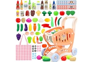 Tagitary Shopping Cart Toy for Kids,82 PCS Toddler Play Grocery Cart with Shopping Bag,Included Pretend Plastic Food Veggies,Play Money Cash and Coins, Learning Toys Play Kitchen Accessories for Kids
