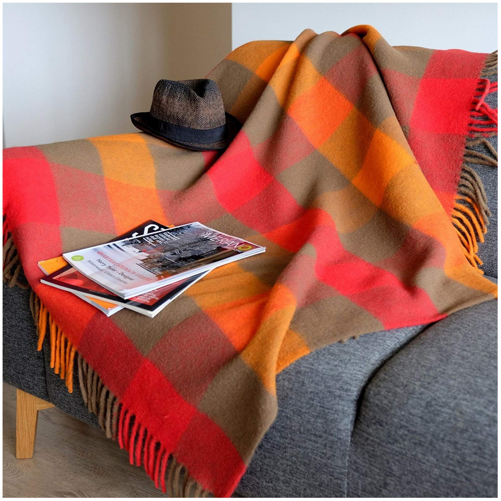 Linen & Cotton Fluffy Soft Colourful Wool Throw/Blanket Bolivia -100% Pure New Zealand Wool, Red/Orange/Brown (130 x 170cm) Knee Warm Plaid Sofa Bed Couch Settee Armchair Bedspread Single Lambswool