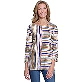 MULTIPLES womens Faux Button Placket Three Quarters Sleeve Scoop Neck Multi Panel Top
