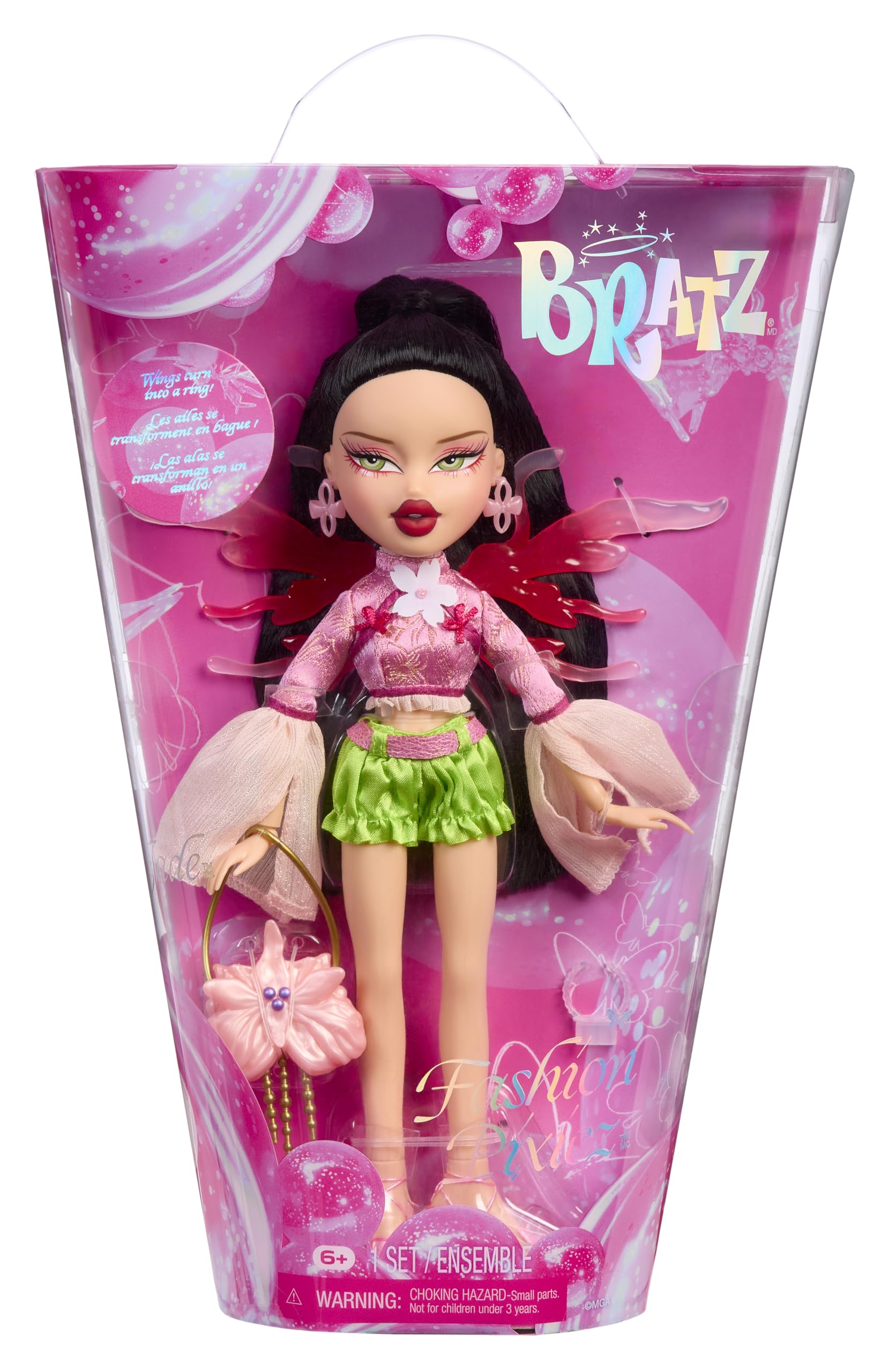 Bratz Fashion Pixiez Jade - Collectible Fantasy Doll with Real Fashions and Accessories, Wings Transform into a Ring, Pink