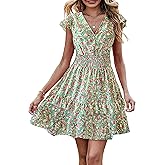 PRETTYGARDEN Womens Summer Dresses Boho V Neck Floral Print Ruffle Sleeve Layered Mini Dress Cute Smocked Waist Short Dress