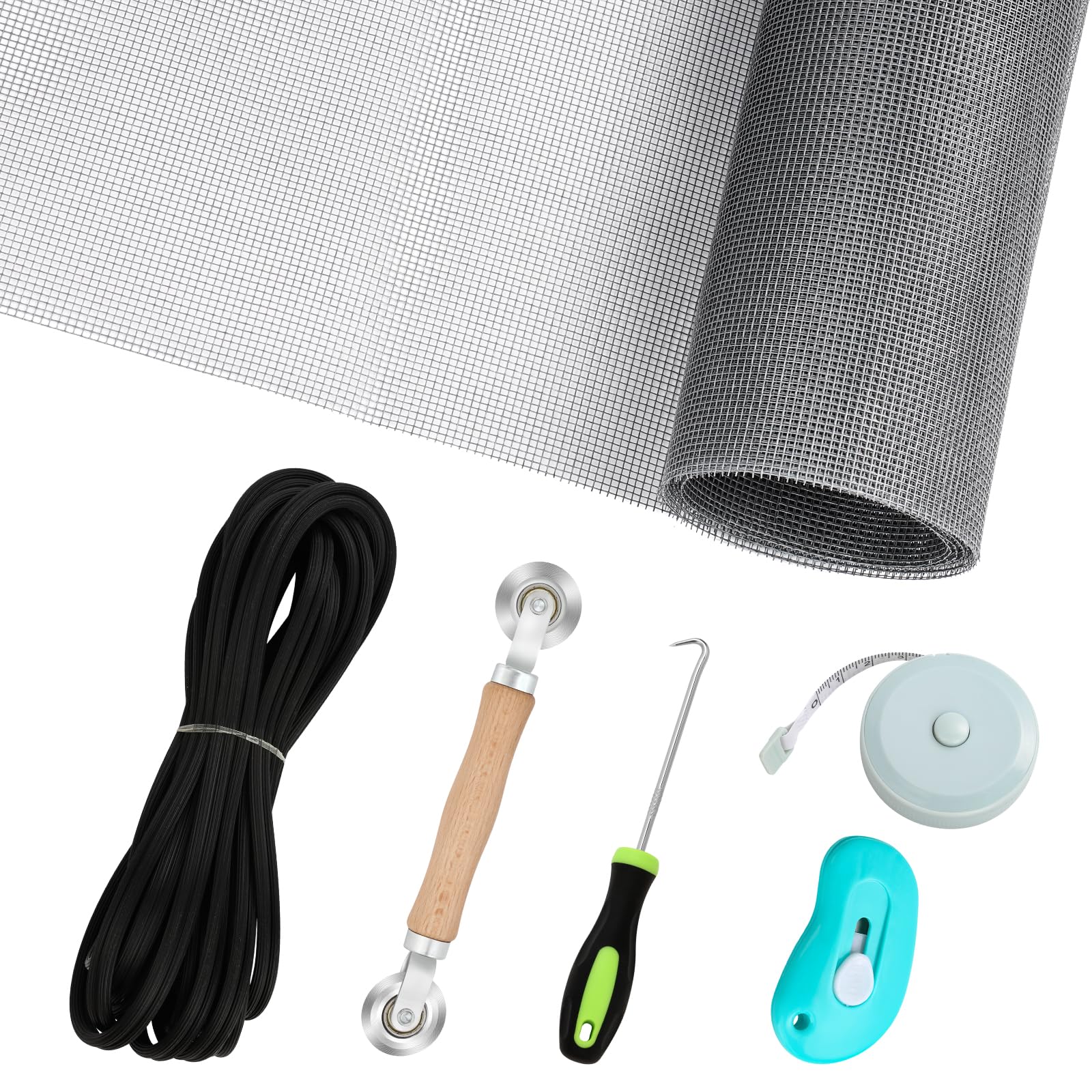 Windows Screen Replacement and Screen Door Repair Kit, 6Pcs Window Screen Fiberglass Mesh Kit - Window Screen & Screen Door Mesh & Screen Porch Repair Kit (Black, 59" x 106")