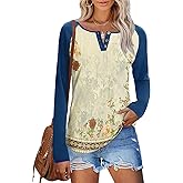 IECCP Long Sleeve Shirts for Women Casual Henley Tops Loose Fit Tshirt Dressy Color Block V Neck Button Womens Tunic Blouse