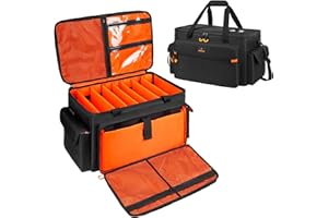 Cable Organizer Bag with 7 Adjustable Dividers, Hard Padded DJ Gear Case, 4 Mic Pockets, 16" Laptop Sleeve & Bright Orange Li