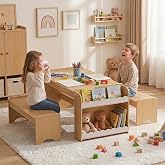 Callales Kids Table and Bench Set, Montessori Kids Table and Chair Set, Indoor Wooden Toddler Activity Table with Bookshelves, 37&rdquo;X22&rdquo; Desktop, Children Desk for Home, Classroom, Boys, Girls (Natural)