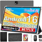 Android 16 Tablet with Keyboard - 10 Inch Electronic Tablets, Black Case | 26GB RAM, 256GB ROM, Gemini AI, 8000mAh Battery, 8-Core, Dual Camera, 5G WiFi, Tablet with Case/Mouse/Stylus