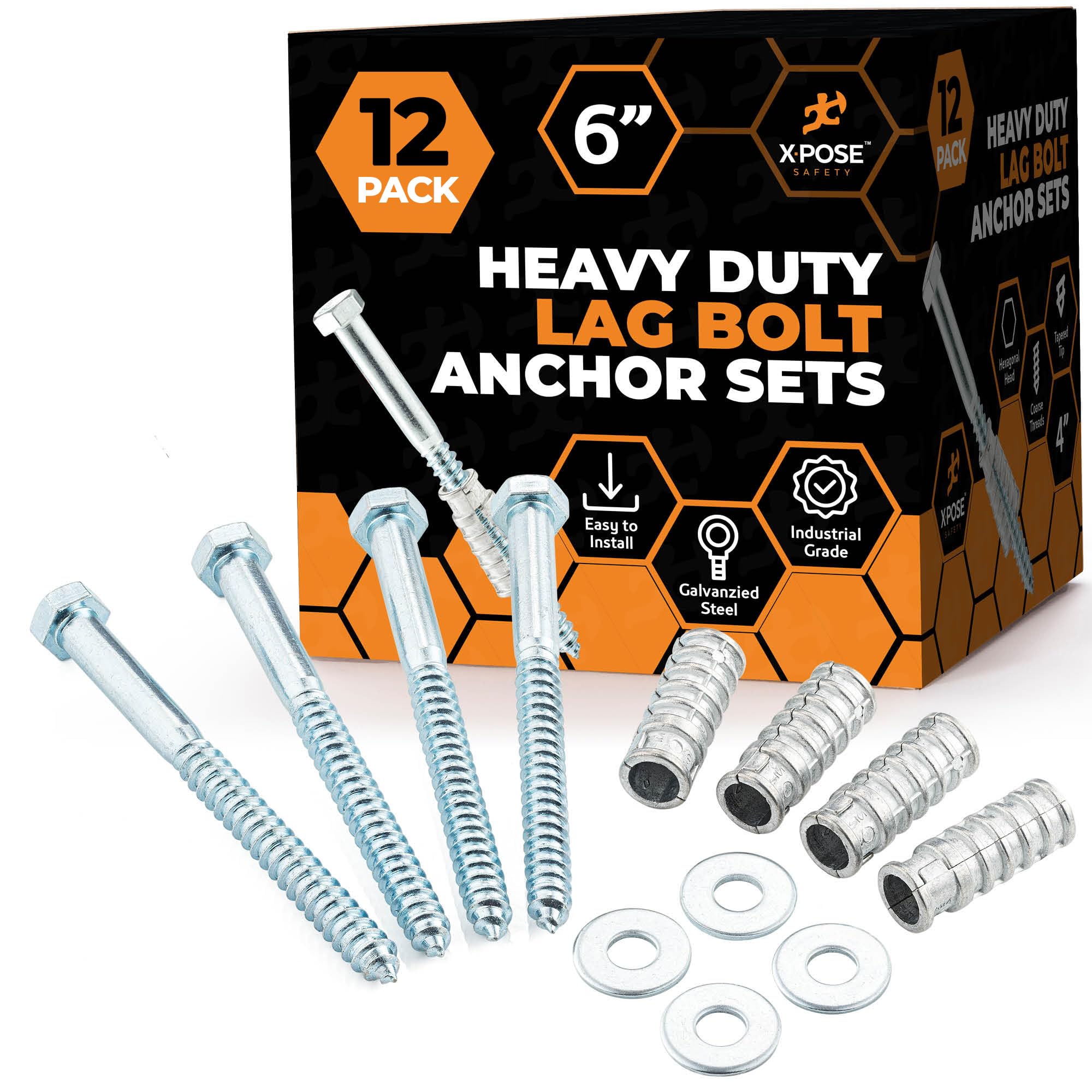 Photo 1 of Concrete Anchors Set with 6" Lag Bolt, Lag Shield and Washer - 12 Sets per Pack - 1/2" Bolt Lag Screws 6-Inch for Parking Curb Stop - Galvanized Steel Lag Bolts