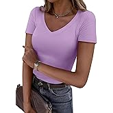 PRETTYGARDEN Women 2026 Spring Tops Trendy Ribbed Short Sleeve V Neck Fitted Basic Tee Shirts Casual Going Out Summer Outfits