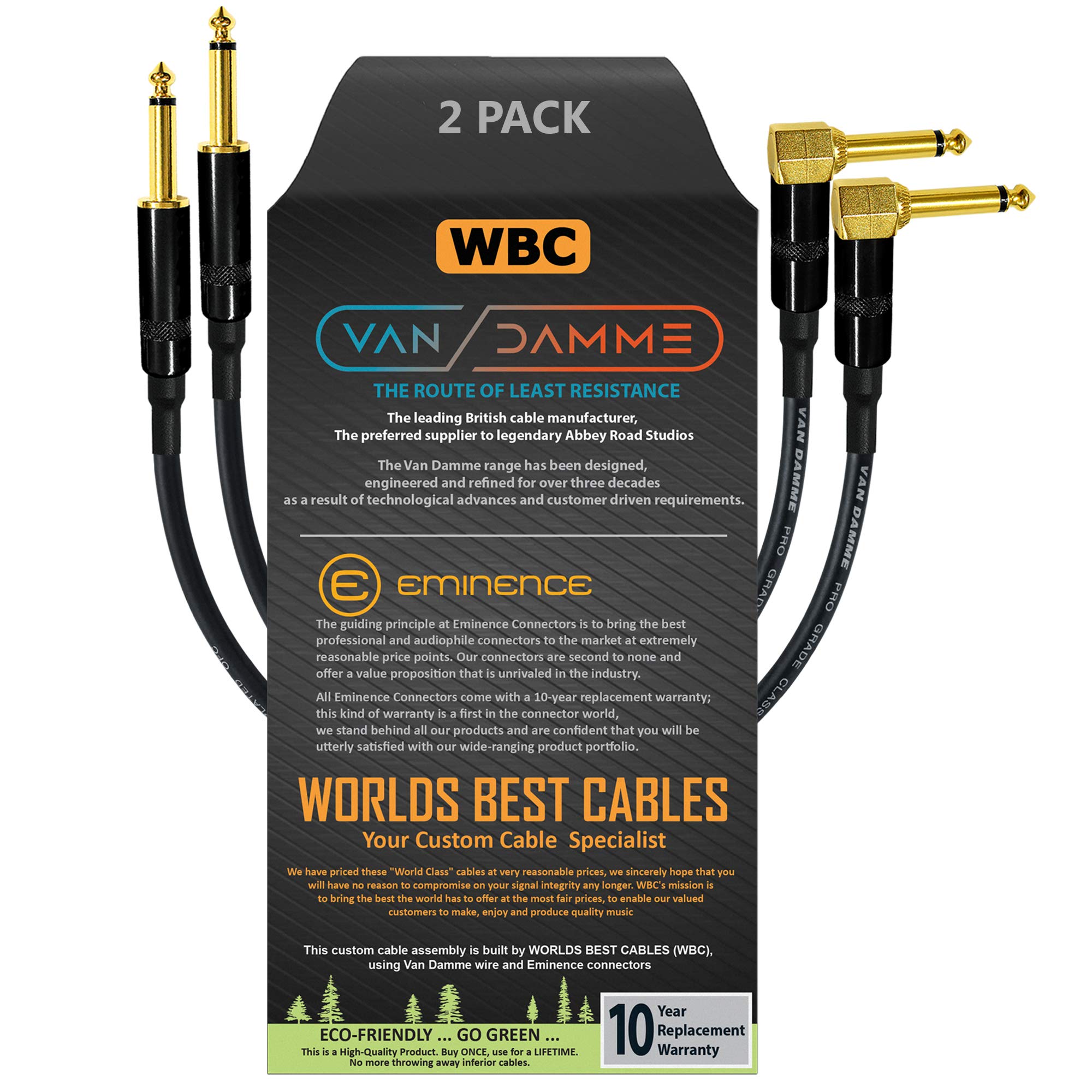 2 Units - 50 CM - Van Damme Pro Grade Classic XKE - Premium Ultra-Flexible Multi-Shielded Guitar Instrument Effects Patch Cable w/Eminence Straight & Angled Gold 6.35mm TS Plugs & Staggered Boots