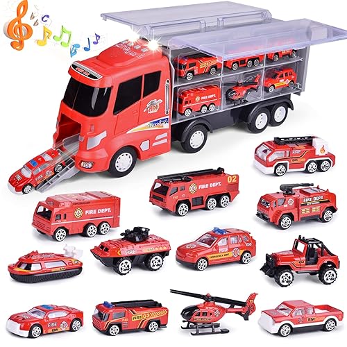 FUN LITTLE TOYS 12 in Die-cast Car Carrier with Fire Engine Cars