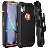 Case for iPhone XR Case 6.1" Belt Clip Holster Kickstand with 2 Screen Protector Tempered Glass, Drop-Proof Phone Case Heavy Duty Full Body Protective Cover (Black Orange+Clip)