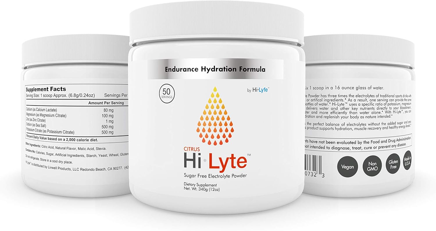 Hi-Lyte Electrolyte Powder | 500mg Potassium + 500mg Sodium from Sea Salt | Hydration & Stamina Booster | No Sugar, Carbs, Maltodextrin or Artificial Ingredients | Citrus Salt | 50 Servings: Health & Personal Care