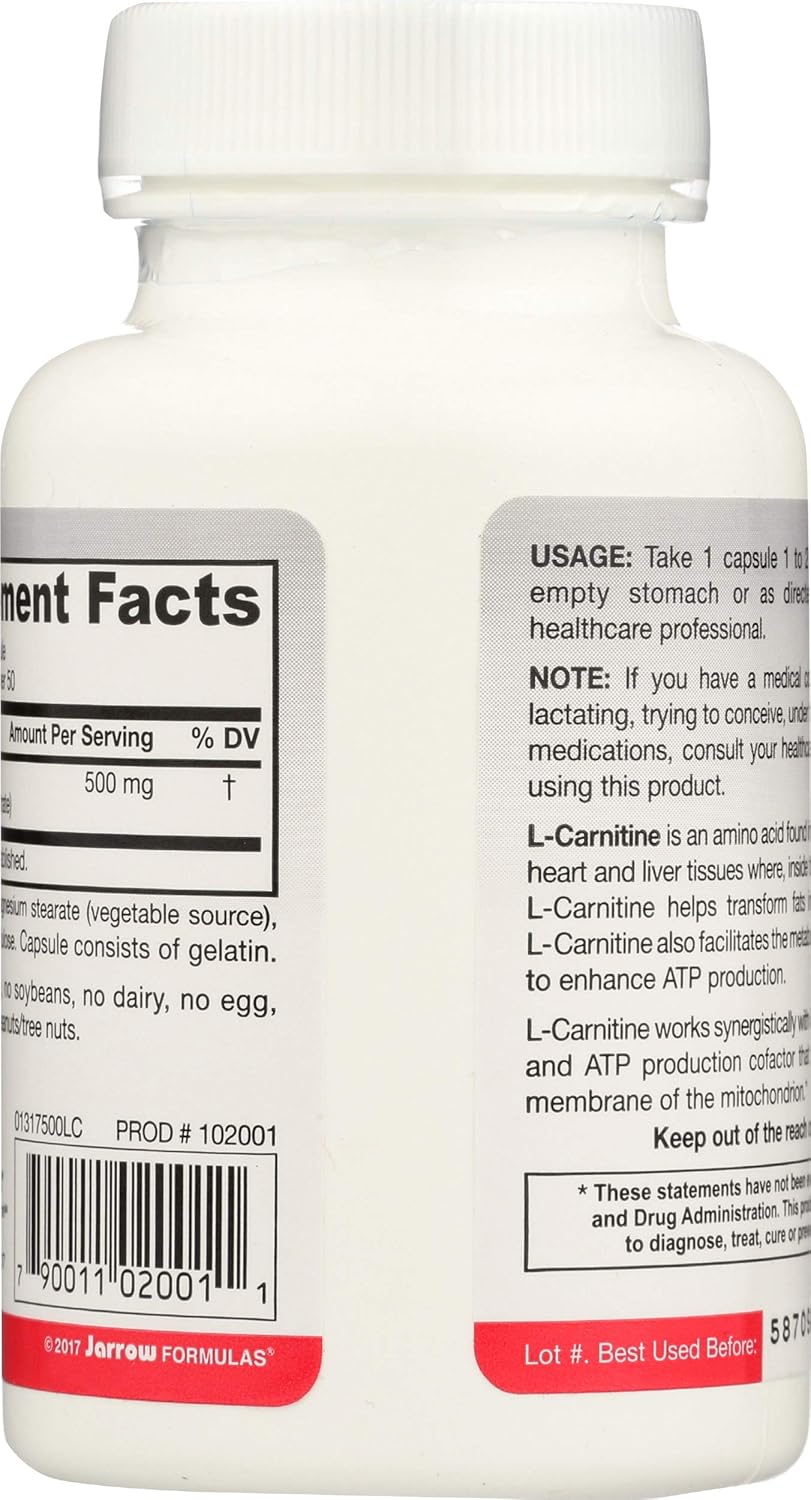 Jarrow Formulas L-Carnitine Tartrate, for Brain Energy and Heart Support, 500mg, 100 Capsules: Health & Personal Care