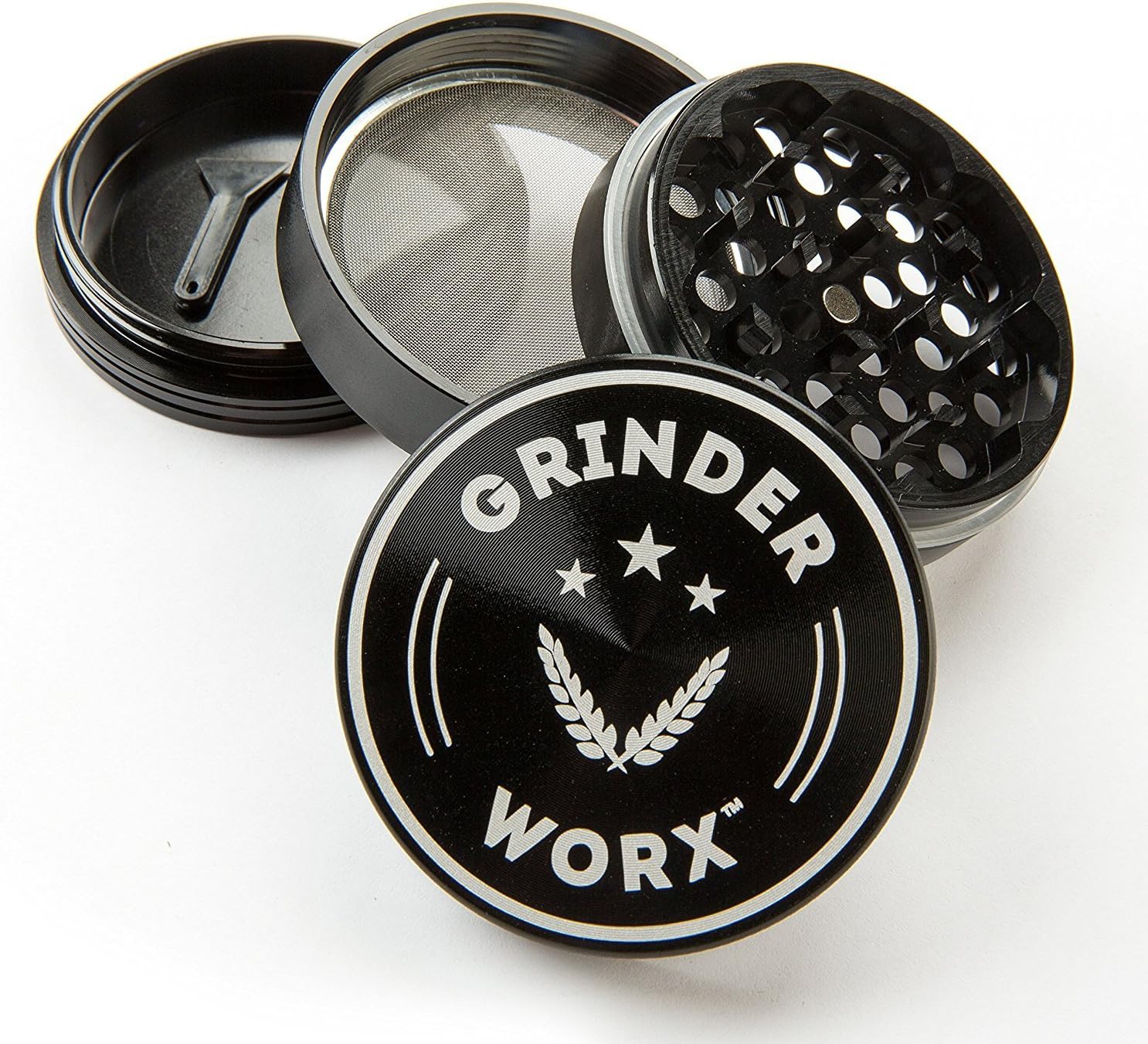Grinder Worx 2.5 Inch 4 Piece Herb Grinder Anodized Aluminum + Pollen Scraper & Bag