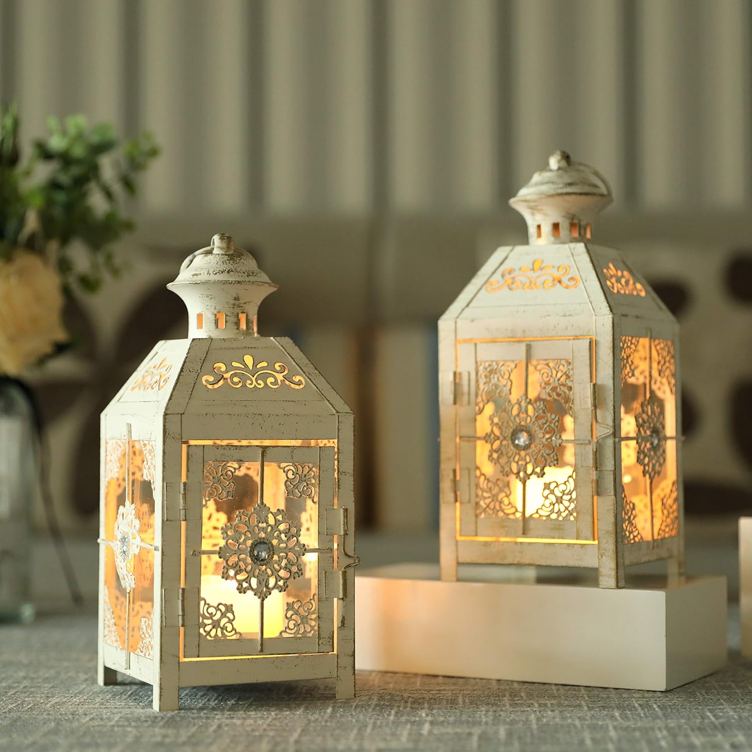 JHY DESIGN Set of 2 Decorative Candle Lantern 9.5" High Metal Candle Lantern Vintage Style Hanging Lantern for Wedding Parties Indoor Outdoor(White with Gold Brush): Kitchen & Dining