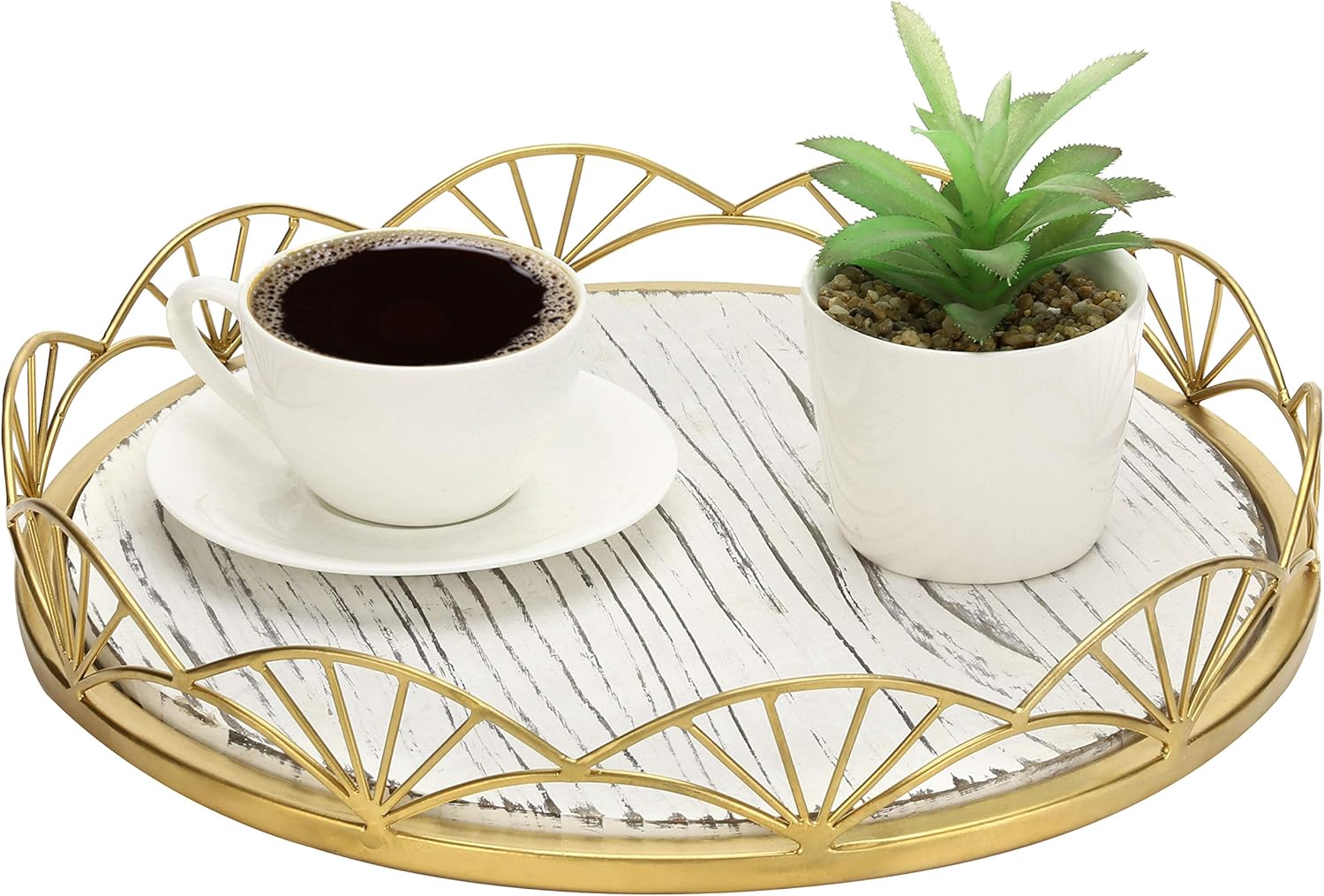 MyGift 12.5 in Vintage Whitewashed Burnt Wood Round Decorative Serving Tray with Brass Tone Metal Art Deco Fan-Design Rim