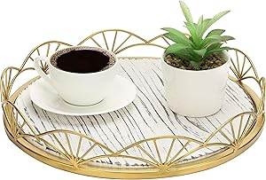 MyGift 12.5 in Vintage Whitewashed Burnt Wood Round Decorative Serving Tray with Brass Tone Metal Art Deco Fan-Design Rim