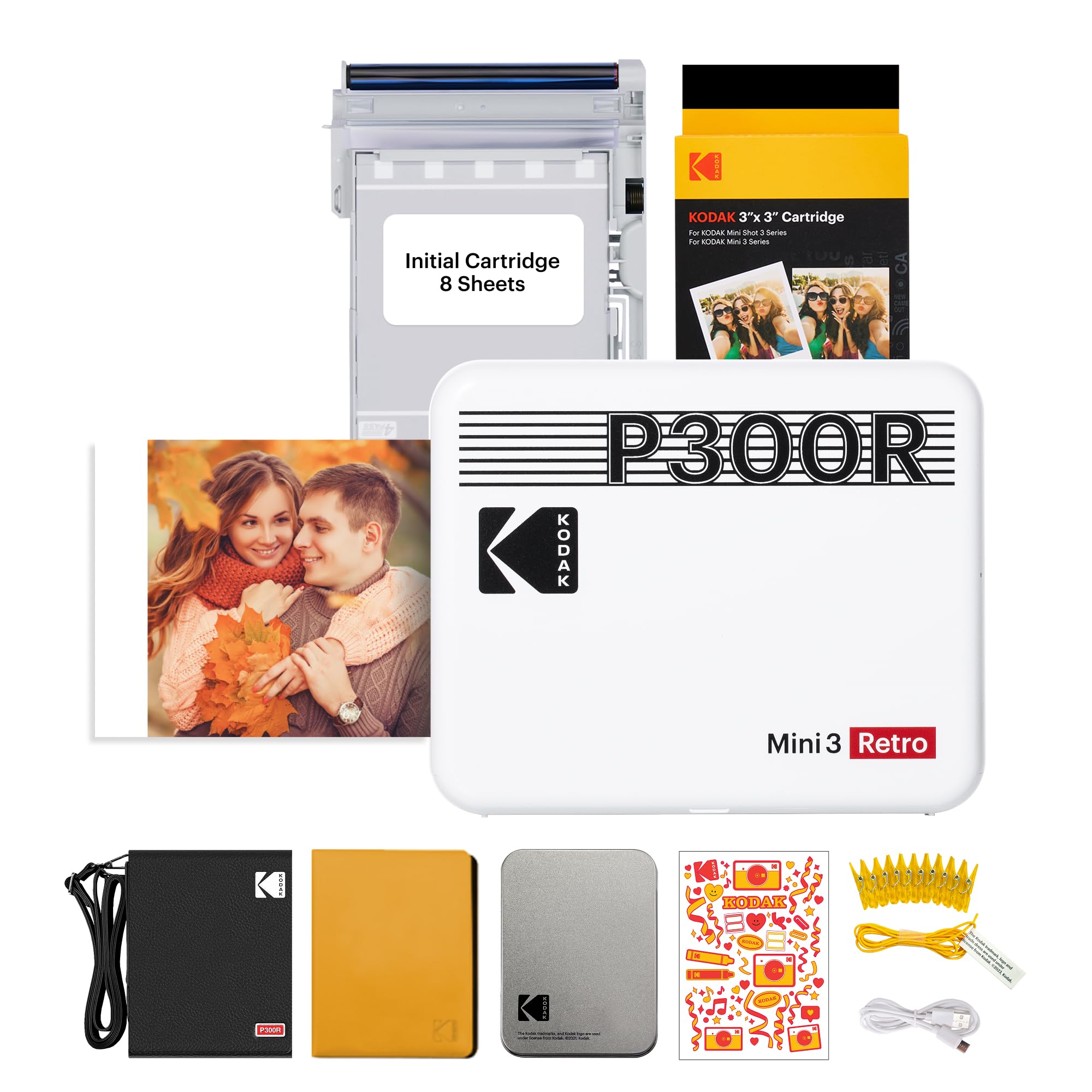 KODAK Mini 3 Retro Portable Photo Printer, Fast Printing, HD Photo, 54 x 86 mm, Bluetooth, Compatible with iOS and Android, Pack of 68 Photo Sheets, White
