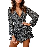 AIMCOO Women's Floral Print Deep V-Neck Romper Double Layer Ruffle Hem Jumpsuits Long Baggy Sleeves Waist Tie Short Rompers
