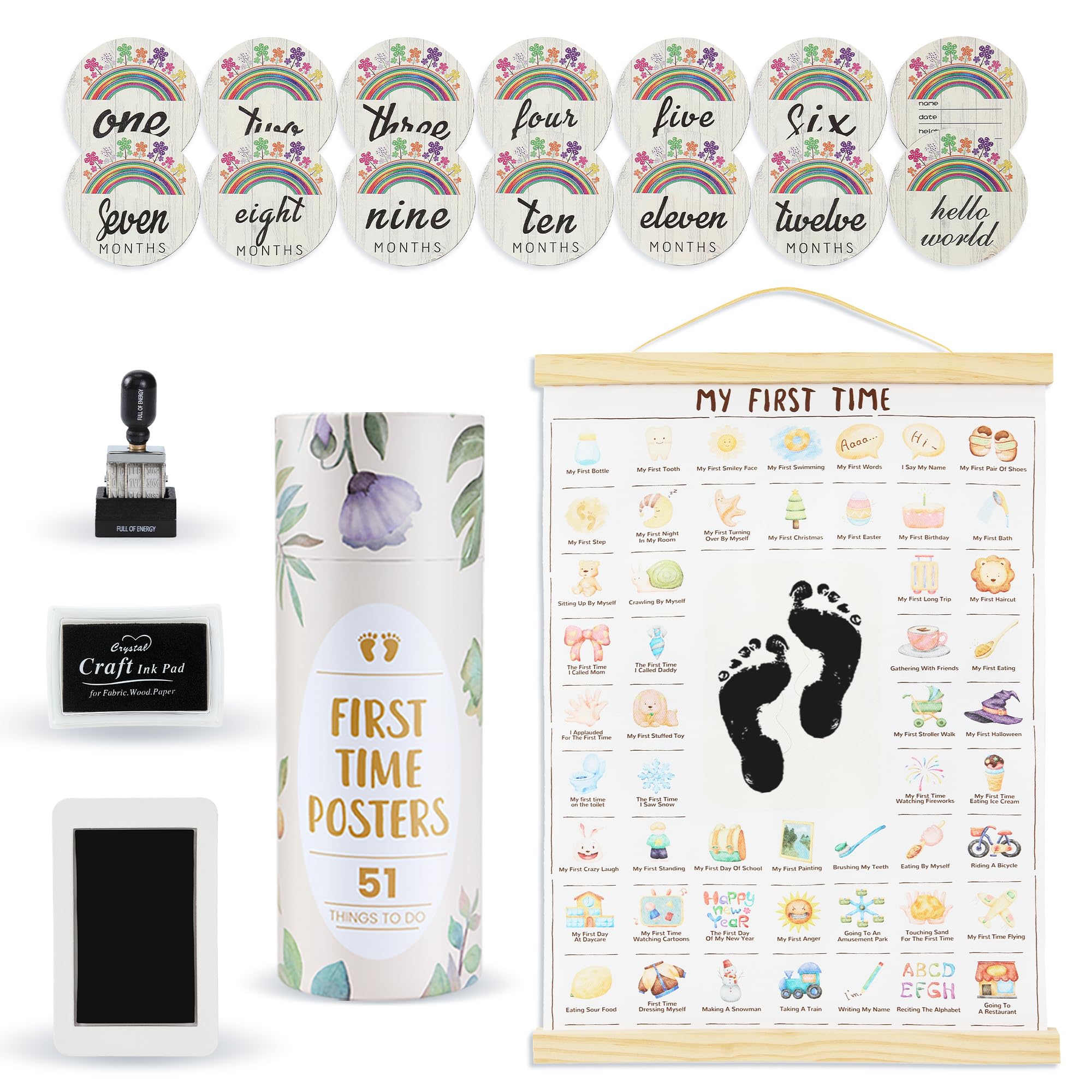 EAQ My First Times Poster for New Parents to Track Your Baby's Milestones and Customisable with Dates, Original Baby Shower Gifts,Baby Footprint Kit & Handprint Kit