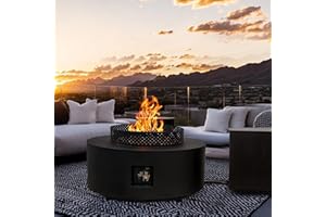 FLOOORE 3-Piece Outdoor Fire Pit Table, 32 Inch Propane Fire Table 65,000 BTU Black Round Gas Firepit, Baking Sheet, Wind Guard and 16 inches Tank Side Table for Deck, Backyard and Pool, Black