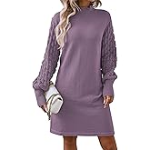 Pink Queen Elegant Long Dolman Sleeve Knit Dress Winter Mock Neck Warm Dress Empire Waist Going Out Pullover Tunic Mini Sweater Dresses Lavender Purple XL