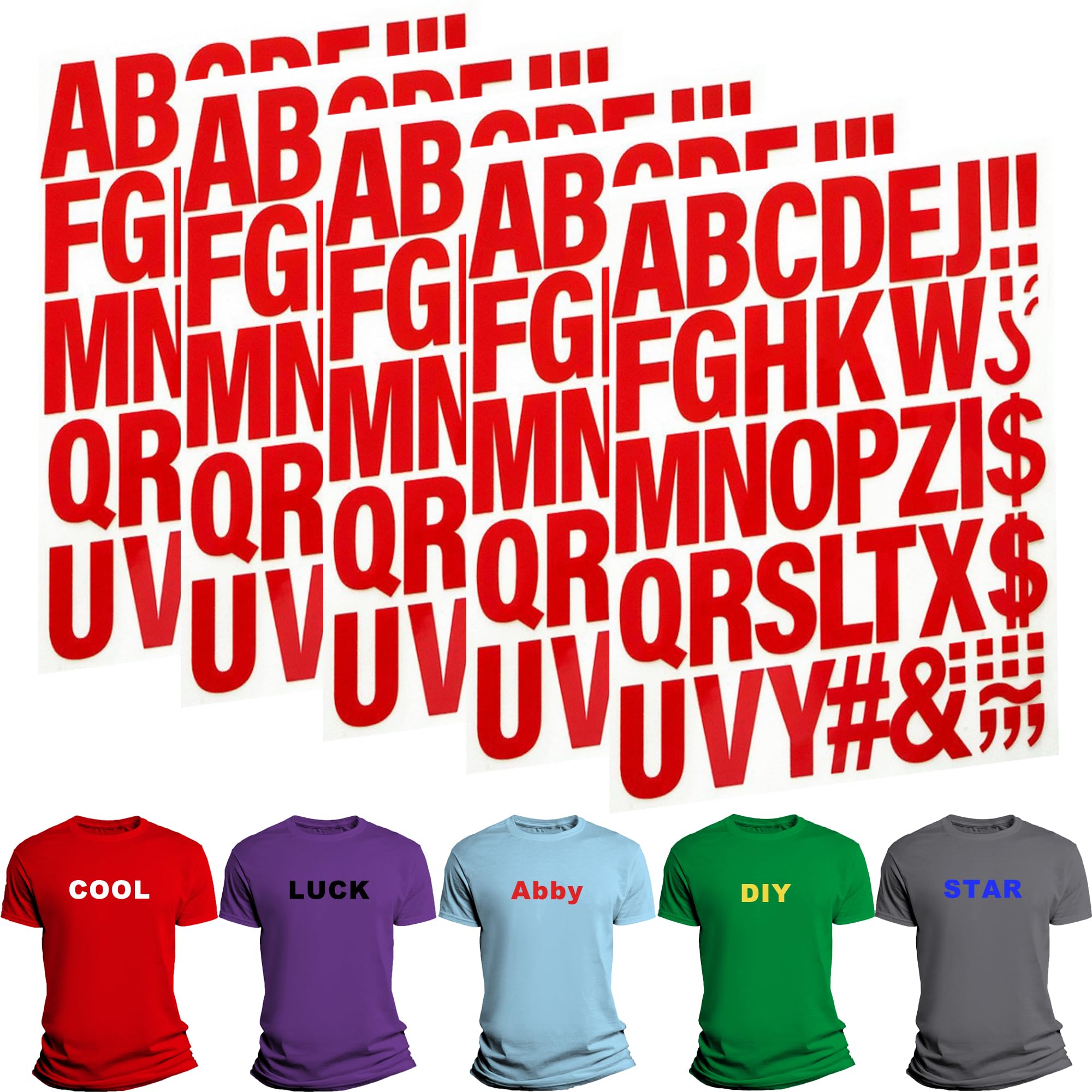 Photo 1 of 220 Pieces Iron on Letters for Clothing, 5 Sheets of Red Heat Transfer Vinyl for T Shirts, A-Z Patches PU DIY Crafts Alphabets Sticker for Fabric