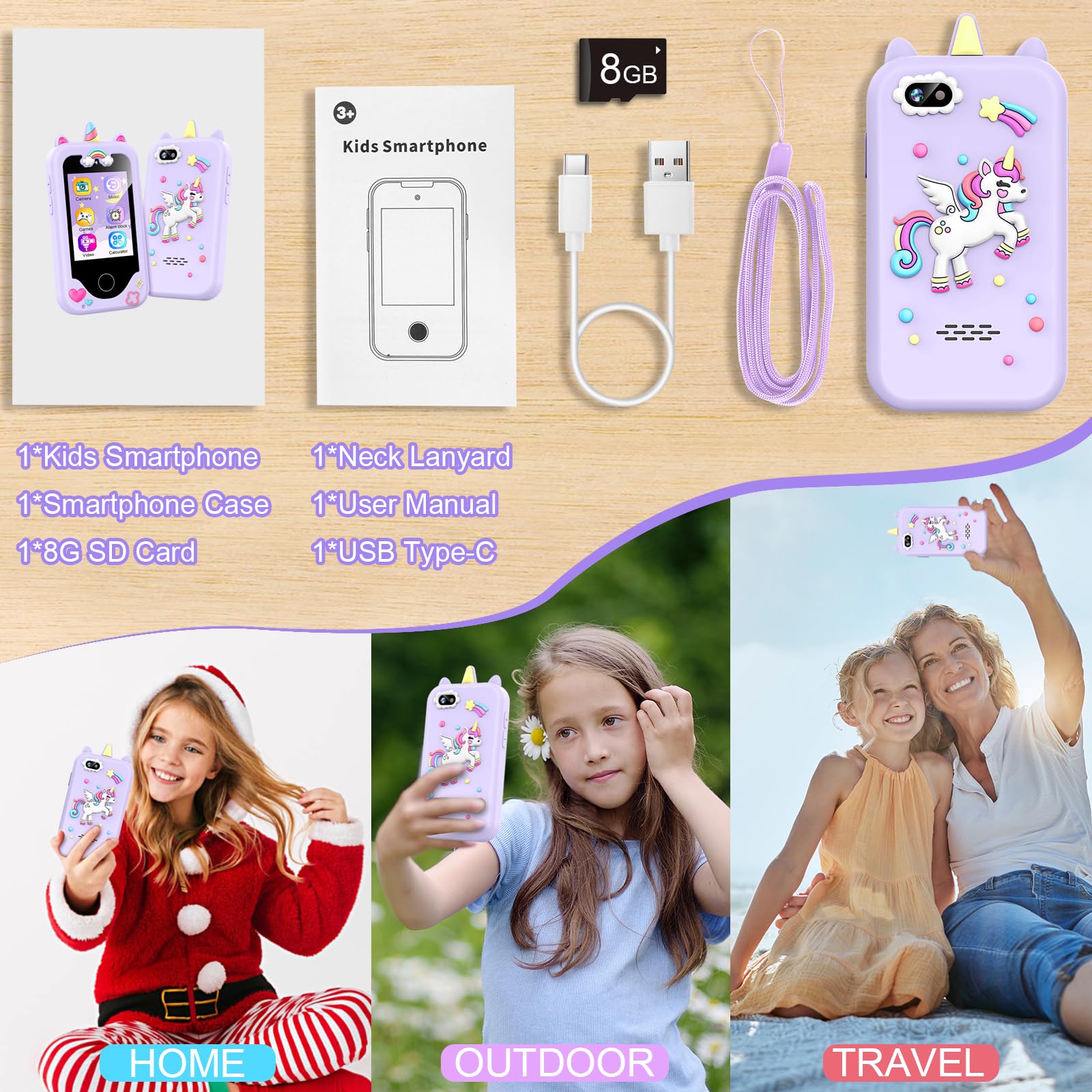 ASIUR Kids Smart Phone for Girls Toddler Birthday Gift for Boys 3 4 5 6 7 8 9 10 Year Old, Childrens Pretend Play Cellphone with Educational Games, MP3 Music Player, Learning Toys(Purple)