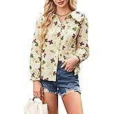 ECOWISH Women's Long Sleeve Shirts - Peter Pan Collar Button Down Blouse Dressy Casual Puff Cotton Elegant Fall Tops