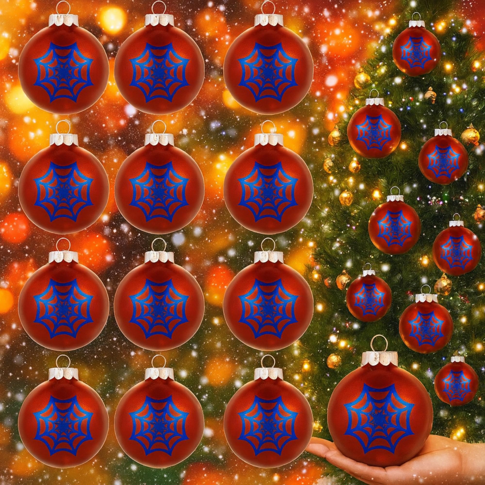 Photo 1 of 12 Pcs 3.15 Inch/80MM Spider Christmas Ball Ornaments Spiderweb Pattern Blue Red Christmas Tree Hanging Ornaments Classic Cartoon Shatterproof Glitter Ball for Xmas Holiday Wreath Party Decor