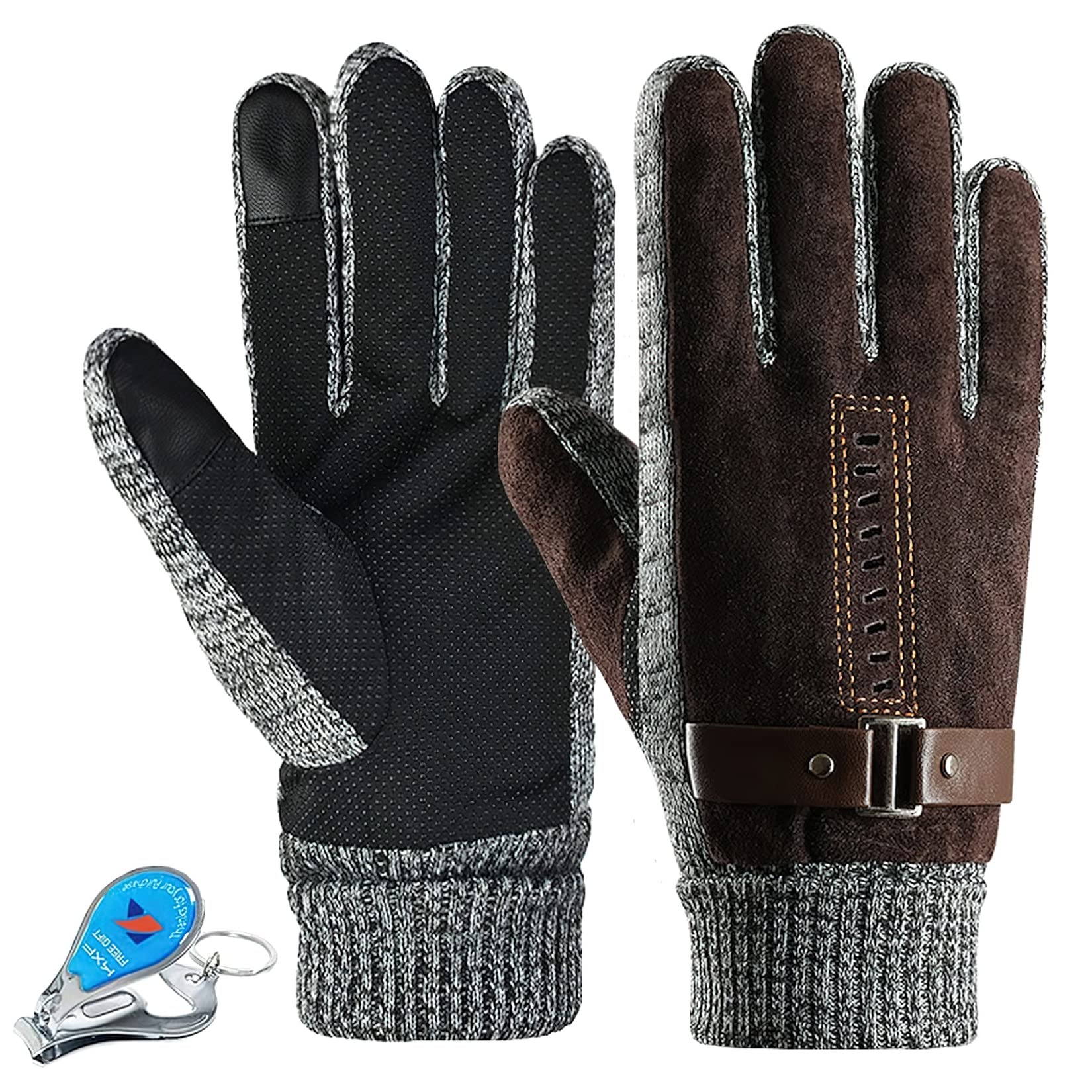 LassZone Mens Winter Gloves Thick Fleece Lined Leather Gloves Windproof Touchscreen Glove Cold-Resistant Thermal Mittens for Running Driving Cycling Hiking