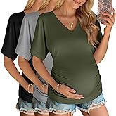 Ficerd 3 Pack Women's Maternity Shirts V Neck Half Sleeve Pregnancy Tunic Tops Side Ruched Mama Clothes Casual Tee Blouse