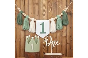DCJHFJ Wild One High Chair Banner For 1st Birthday Party Boy Decorations With Green Tassel Garland Crown Hat Cake Topper