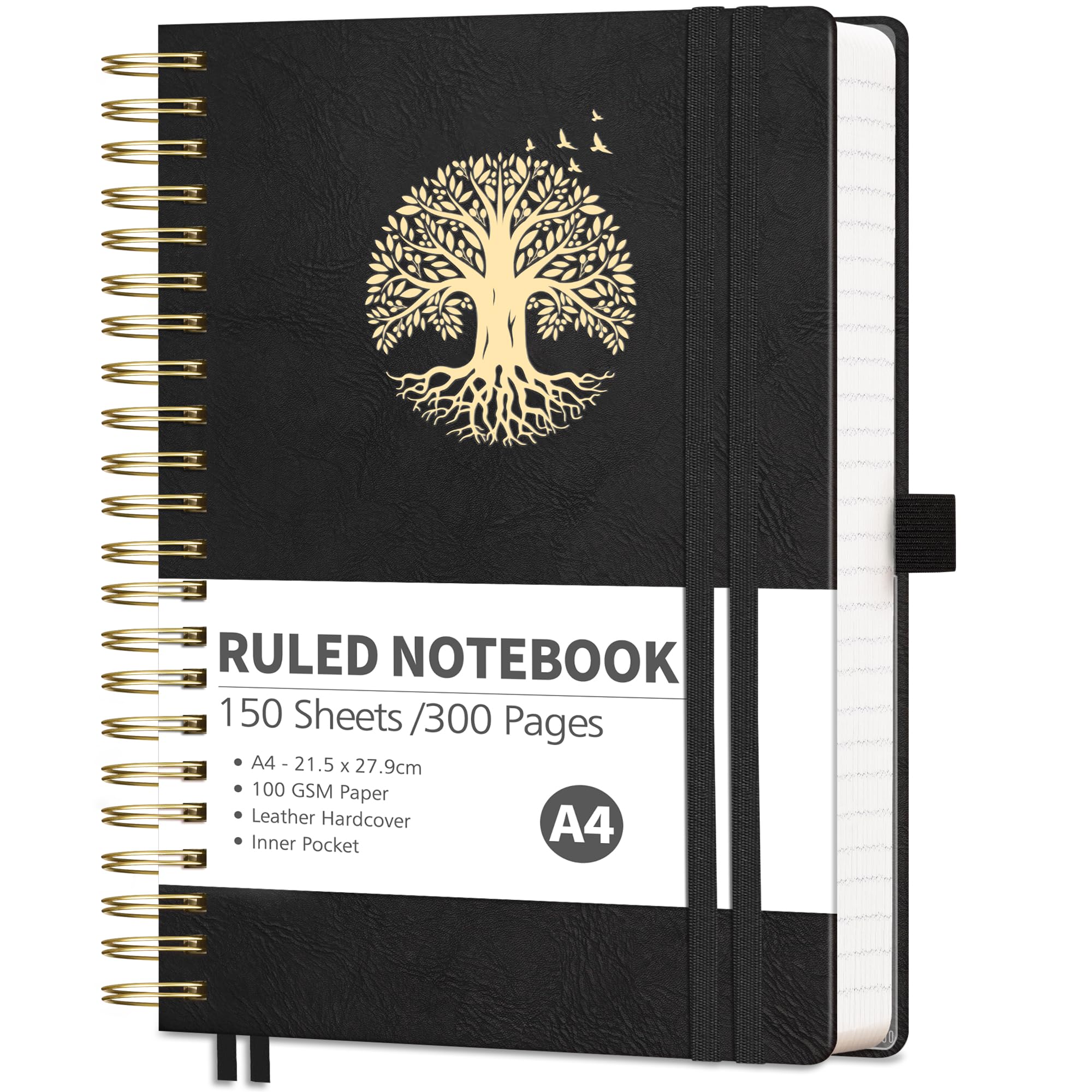 RETTACY Lined A4 Notebook Spiral Bound College Ruled Notebook 300 Pages Thick Journal,Hardcover Leather Notepad for Work School,100gsm,Sticky Notes,21.5 x 27.9cm - Black