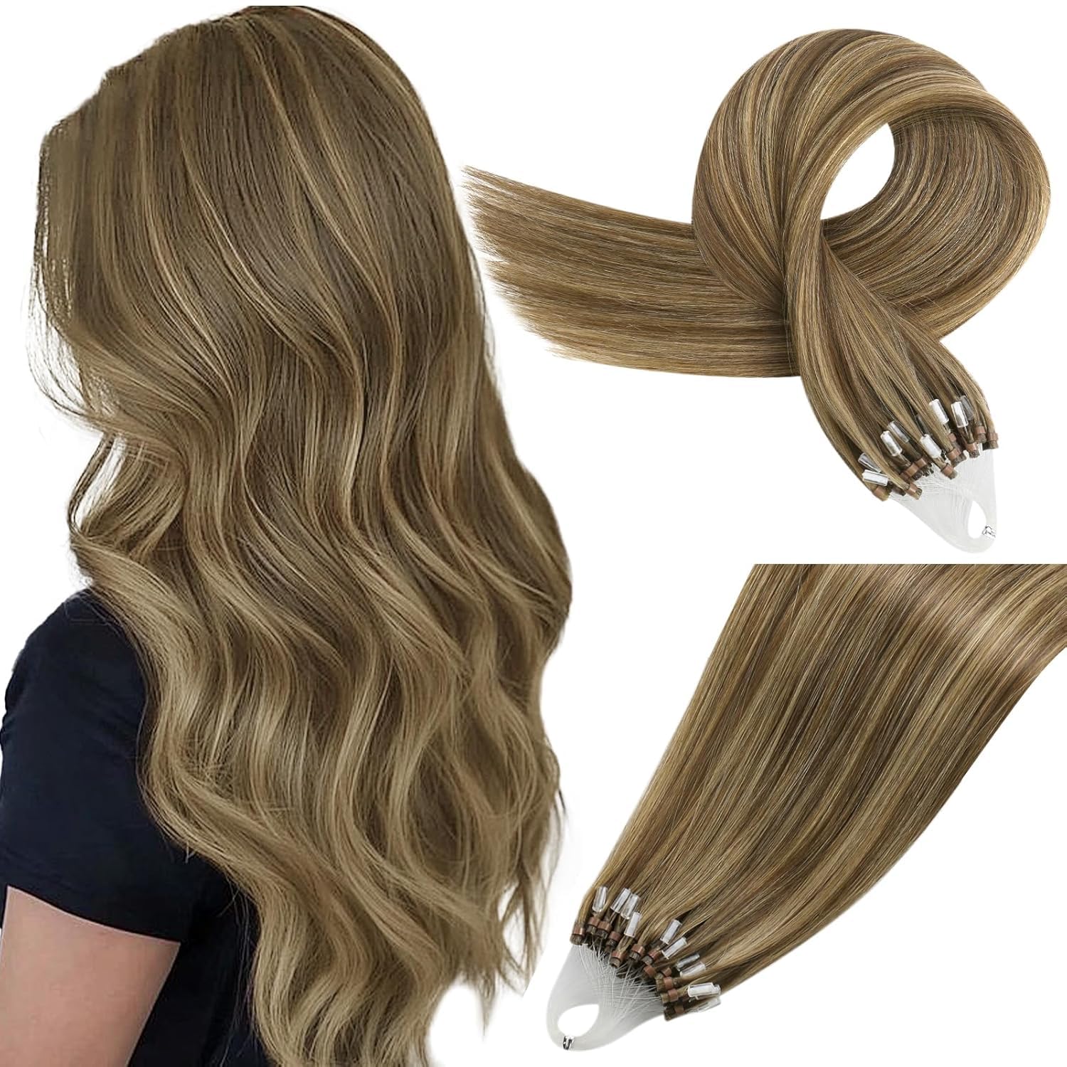 Easyouth Hair Extensions Micro Loop Human Hair Highlight Brown Micro Ring Hair Extensions Brown Highlight Blonde Micro Hair Extensions Human Hair 18 Inch 50g/50s