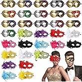 Toyosport 32 Pack Couple Masquerade Masks, Mardi Gras Mask, Christmas Masks, Elegant Feather & Rhinestone Half Face Masks for Masquerade Ball Carnival Party, Ribbon Straps