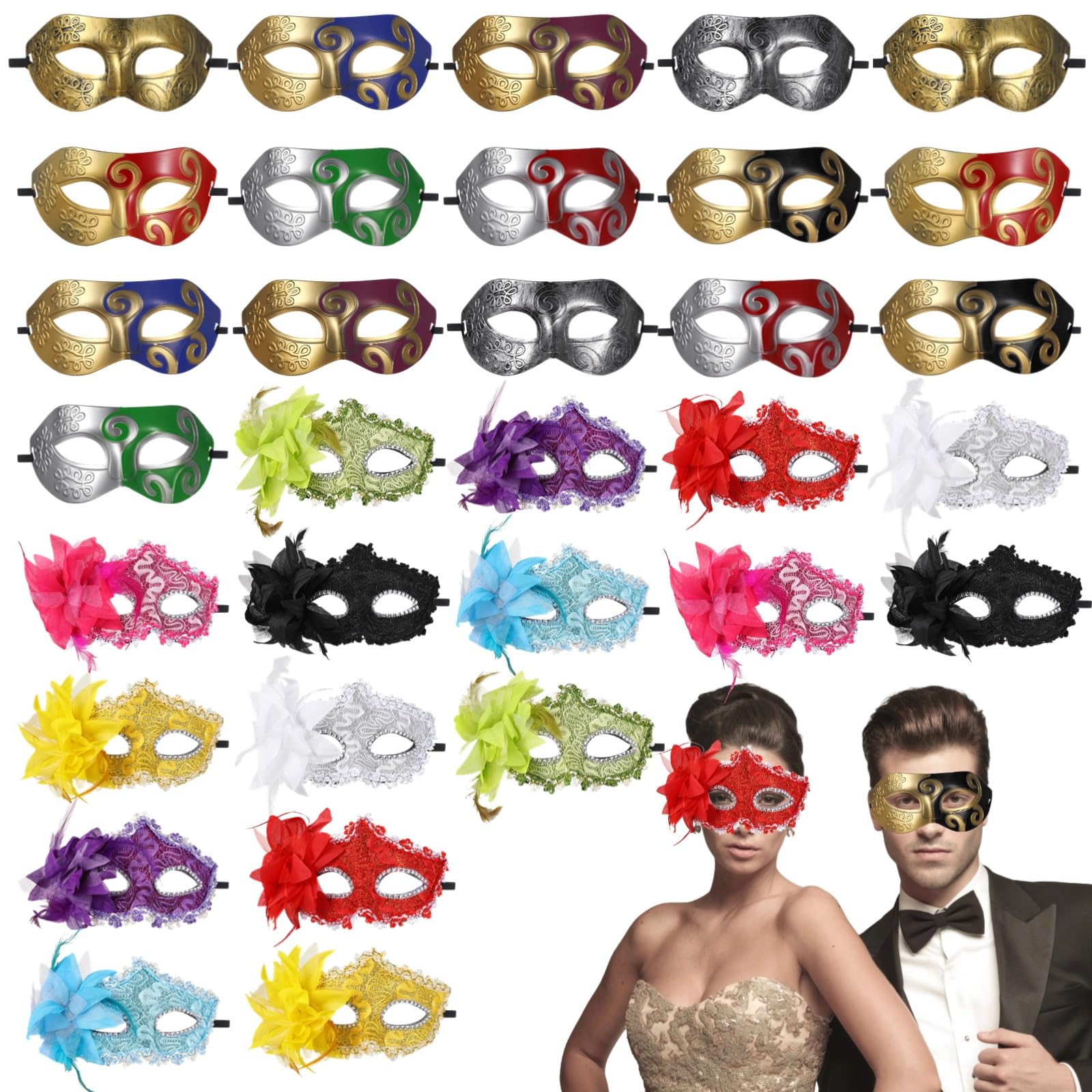 32 PCS Couple Masquerade Masks, Elegant Feather & Rhinestone Half Face Masks for Masquerade Ball Carnival Party, Ribbon Straps