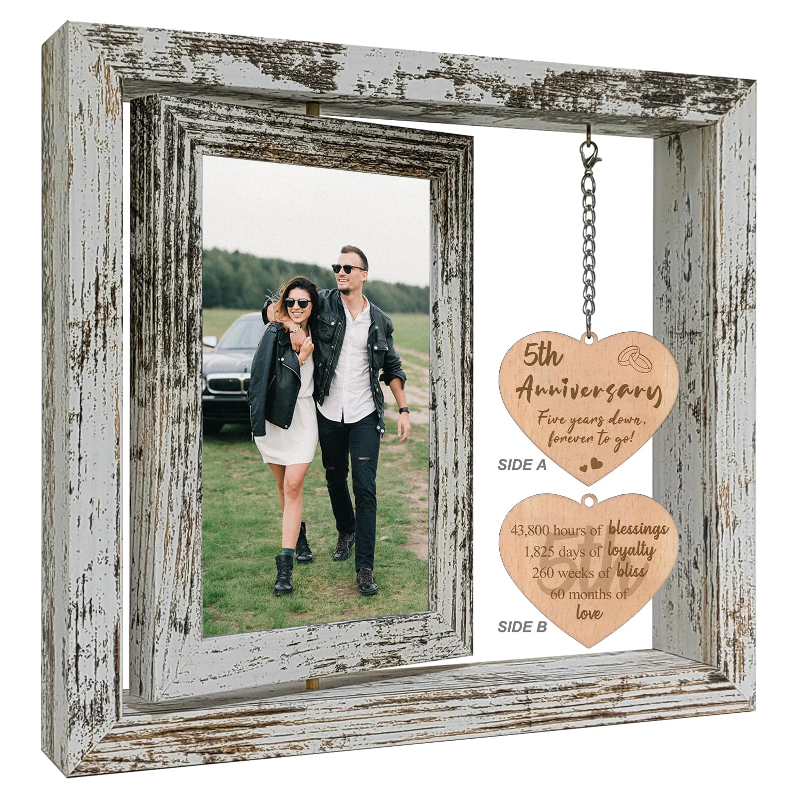Photo 1 of 5 Year Anniversary Rotating Picture Frame for Her, Wood 5th Wedding Anniversary Photo Frame gifts for Wife Husband Him Couple, Display 2 6x4