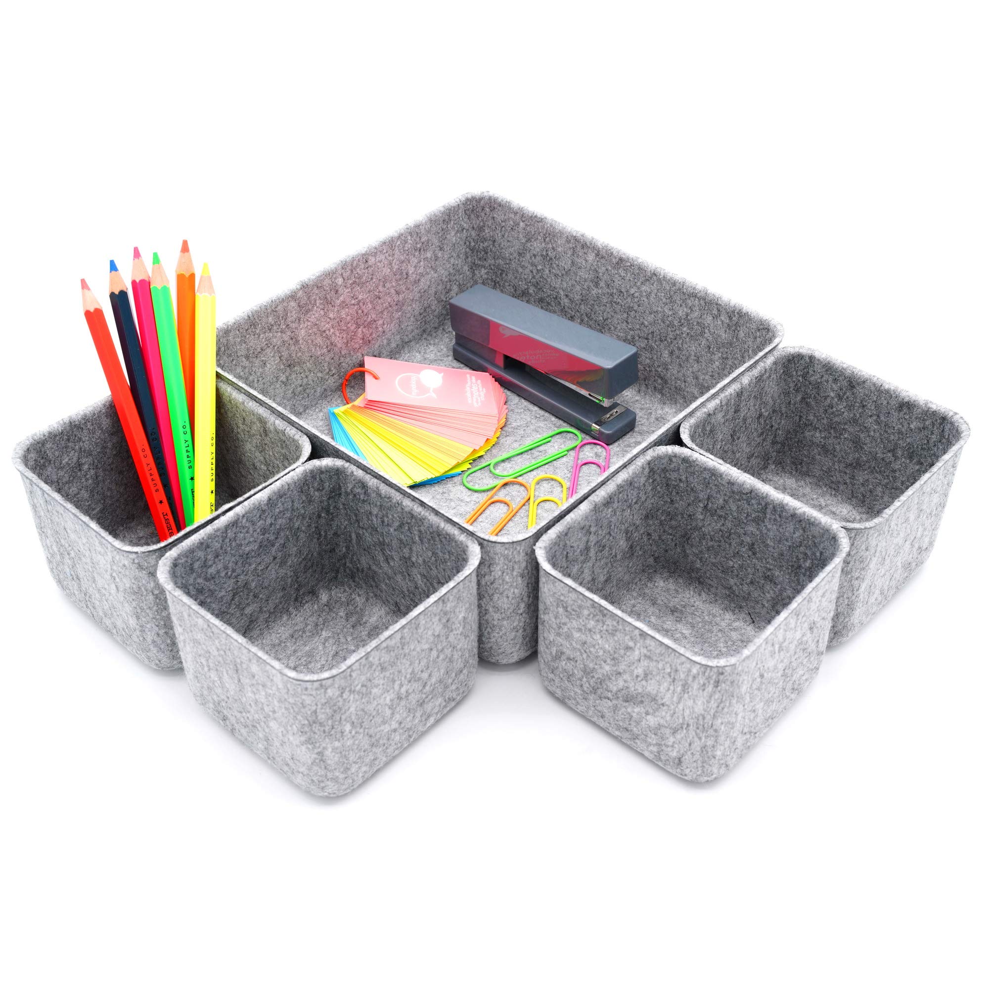 Welaxy Desk Organizers Storage bins Set Office Drawer Organizers Pen holder pencil cup phone stand sticky note storage Closet Cabinet boxes Organizing Mothers day gifts 5-piece Pack (Gray)