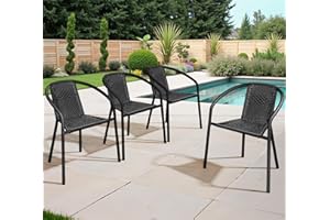 gaildon Outdoor Chairs Stackable - Set of 4 Indoor Outdoor Dining Rattan Chairs Curved Back, All Weather Bistro Patio Chairs, Black
