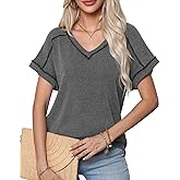 levaca Womens Summer Tops V Neck Cap Short Sleeve Ribbed Tshirts Business Casual Loose Fit Basic Tees Trendy Tunics Clothes