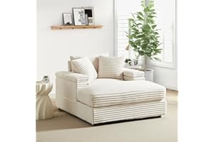 JEEOHEY Oversized Cozy Chaise Lounge Chair Indoor with Ottoman,44" W Corduroy Upholstered Comfy Sofa,Modern Fluffy Deep Seat Couch,Leisure Sleeper Sofa Reading Armchair for Living Room,Bedroom,Office,Beige