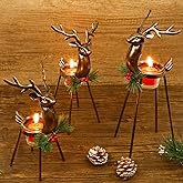 Juegoal Set of 3 Reindeer Tealight Candle Holders, Standing Iron Metal Christmas Decorations, Glass Votive Candle Holder, Dur