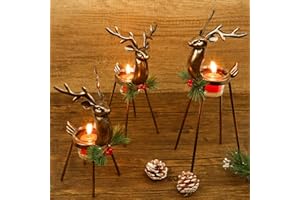 Juegoal Set of 3 Reindeer Tealight Candle Holders, Standing Iron Metal Christmas Decorations, Glass Votive Candle Holder, Durable and Rust-Proof Holiday Tabletop Centerpiece and Display